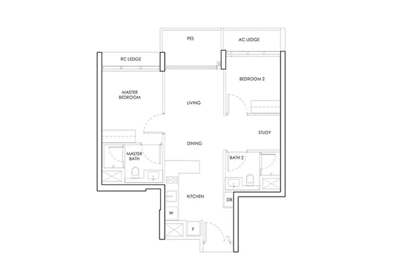 Indicative 2-bedroom layout template for Dunearn Residences — not the developer's actual floor plan