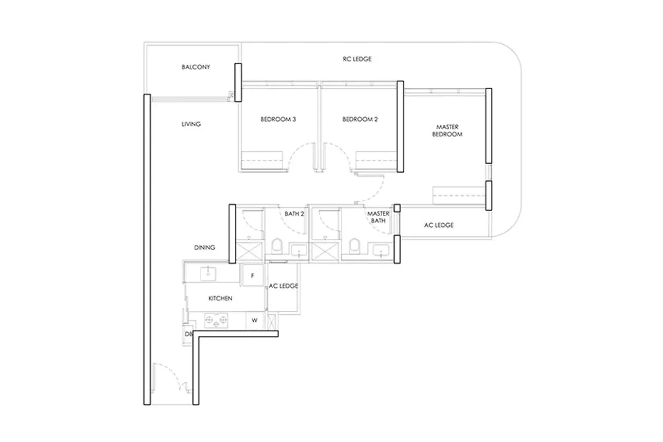 Indicative 3-bedroom layout template for Dunearn Residences — not the developer's actual floor plan