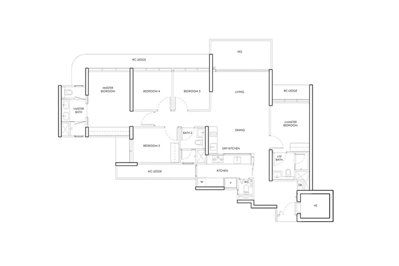 Indicative 5-bedroom layout template for Dunearn Residences — not the developer's actual floor plan, and a 5-bedroom type is not confirmed for this project