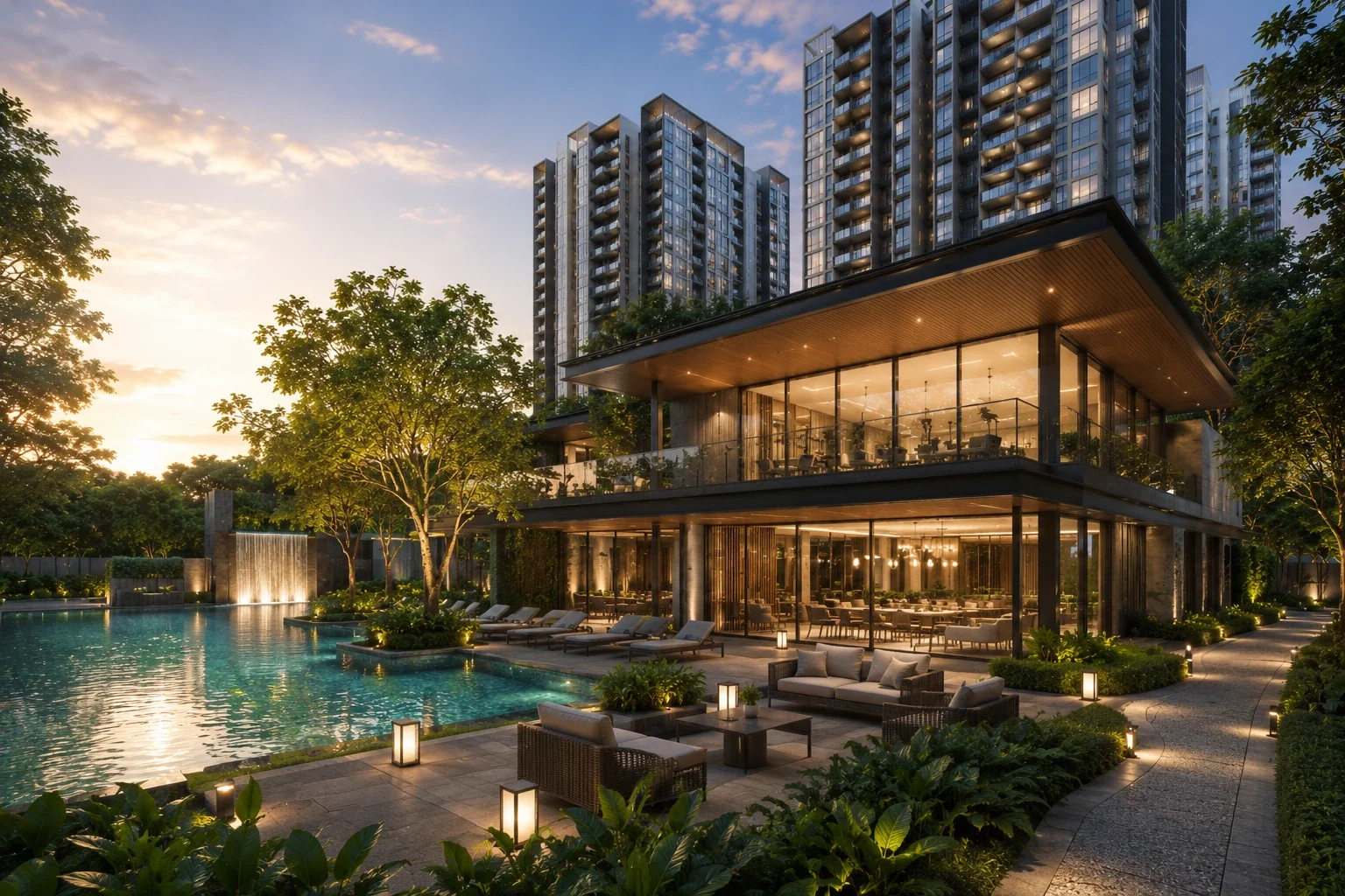 Dunearn Road Residences — artist's impression of the clubhouse pavilion and 50m pool set among mature trees in the Turf City precinct