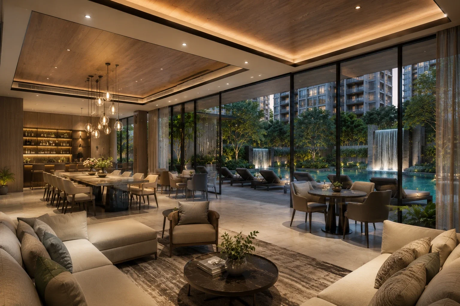 Dunearn Residences — artist's impression of the residents' lounge and dining pavilion overlooking the pool deck, District 10 Bukit Timah