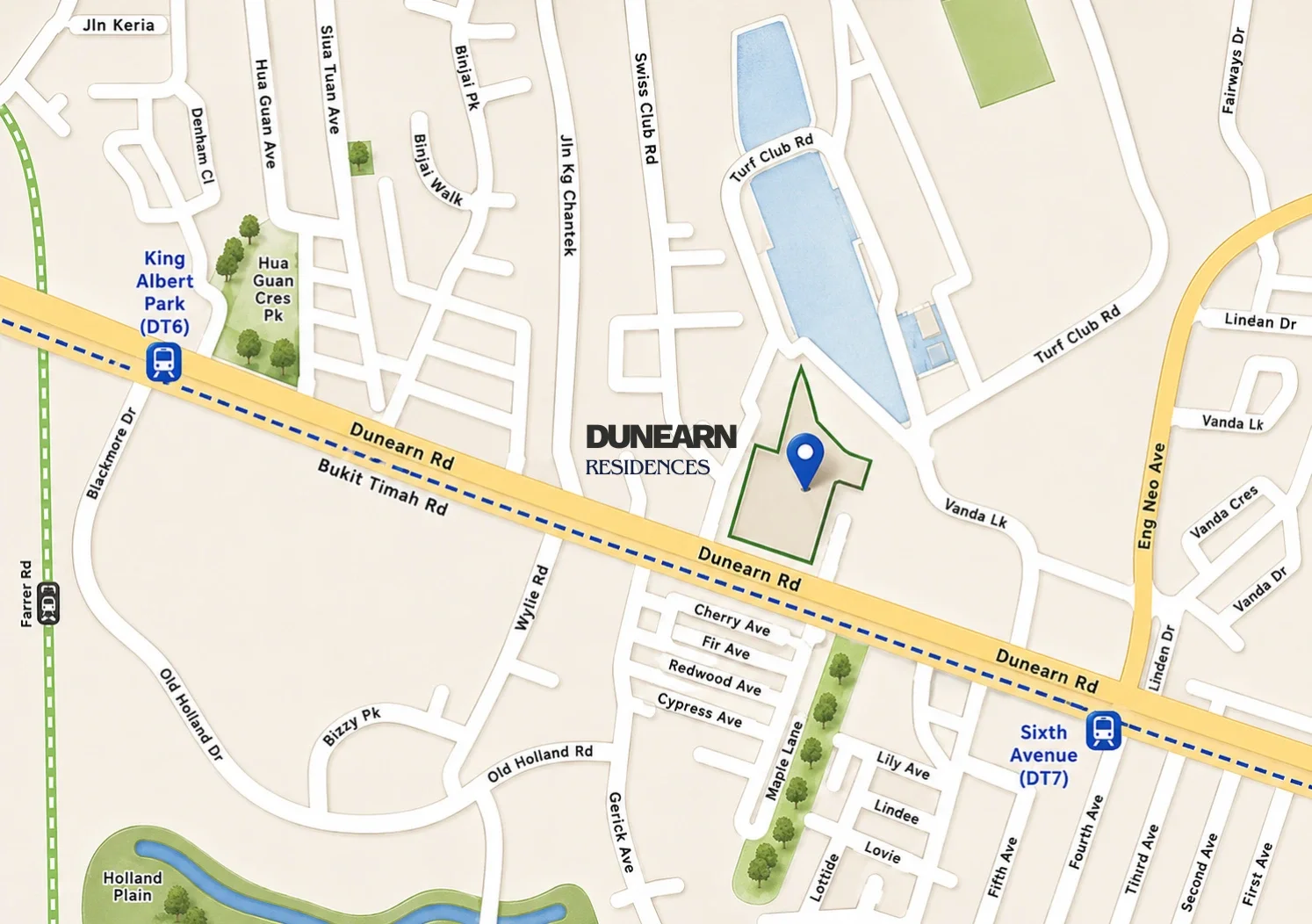 Location map of Dunearn Residences on Dunearn Road, Bukit Timah — the site sits between King Albert Park MRT (DT6) to the west and Sixth Avenue MRT (DT7) to the east, north of Bukit Timah Road, beside Turf Club Road and the former Turf City grounds, with Eng Neo Avenue, Holland Plain, Swiss Club Road and the Namly and Vanda landed estates nearby