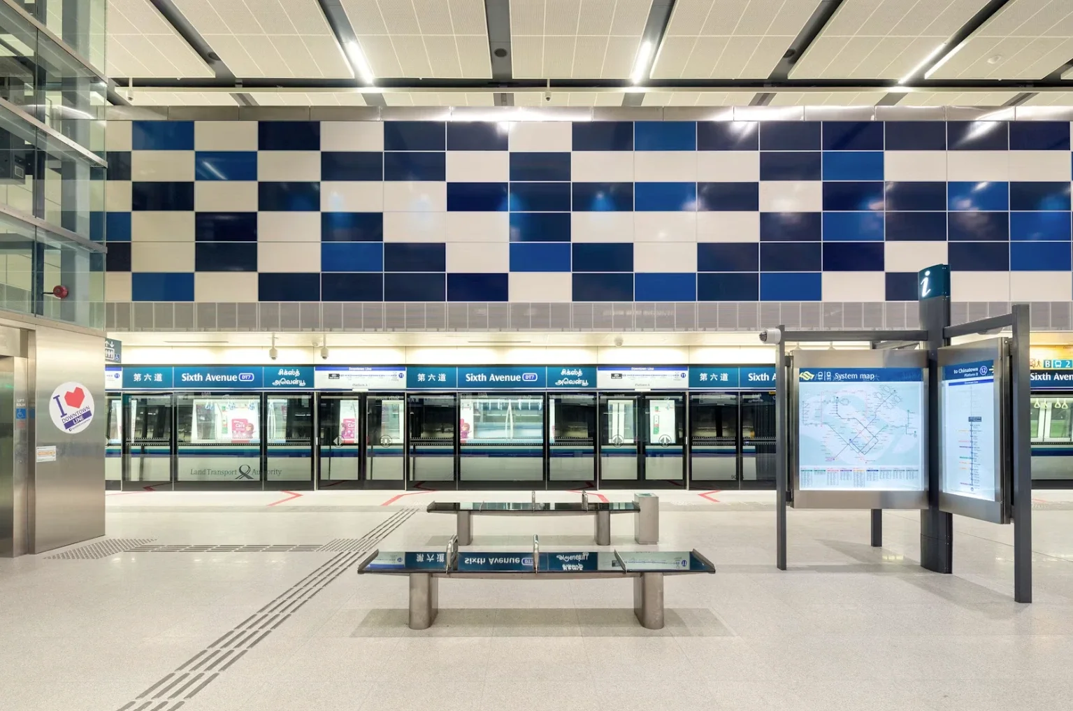 Platform at Sixth Avenue MRT station (DT7) on the Downtown Line, the nearest MRT station to Dunearn Residences, about 7 minutes' walk away