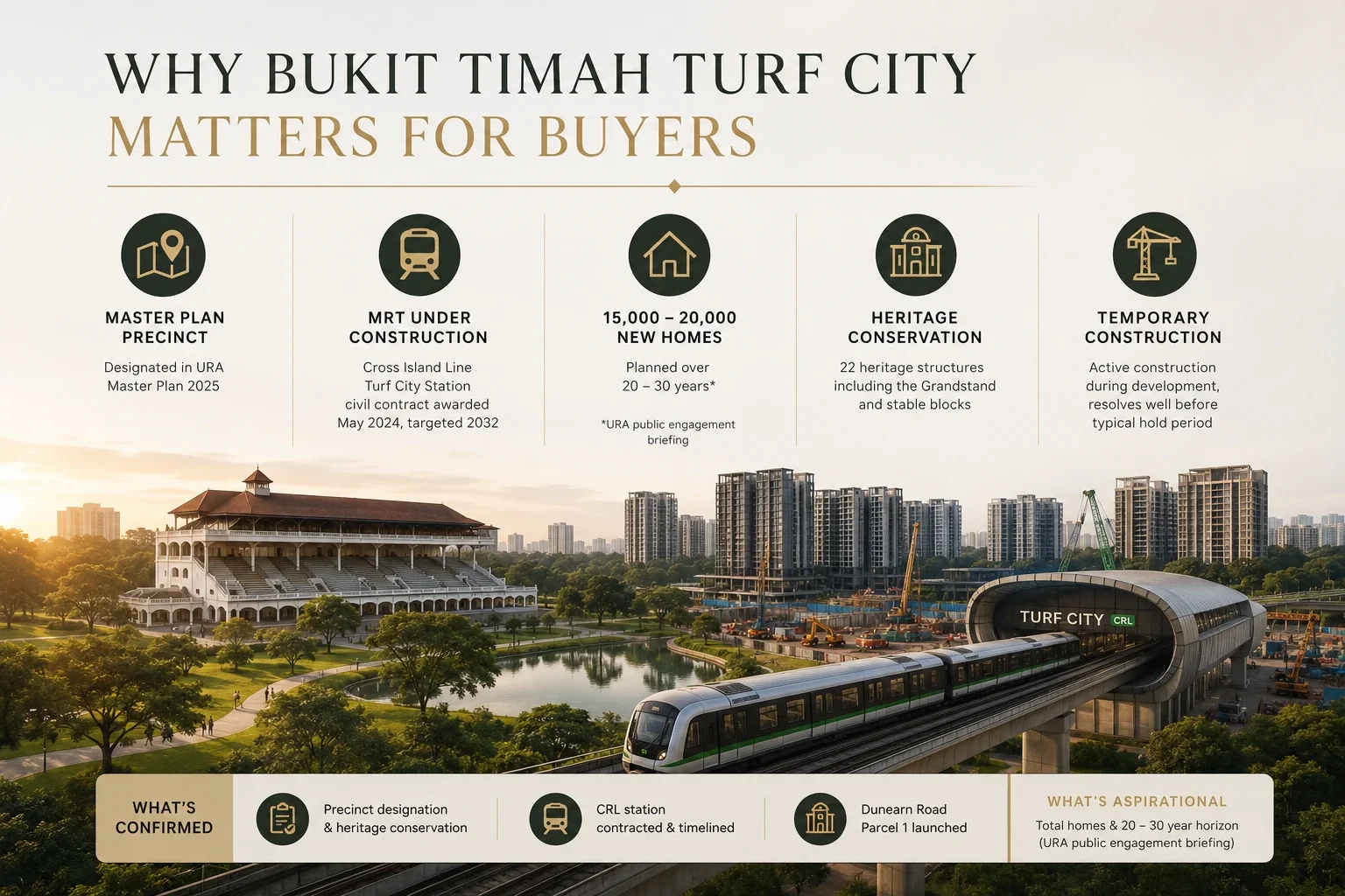 Infographic: why Bukit Timah Turf City matters for buyers — master plan precinct designated in URA Master Plan 2025, Cross Island Line Turf City station under construction and targeted for 2032, 15,000 to 20,000 new homes planned over 20 to 30 years, 22 heritage structures conserved including the Grandstand, and temporary construction during the build period